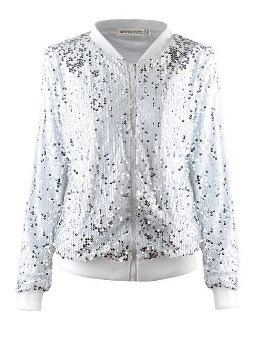 Anna Kaci ANNA-KACI Womens Sequin Long Sleeve Front Zip Jacket with Ribbed Cuffs