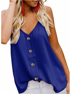 Shawhuwa Womens V Neck Button Down Strappy Flowy Tank Tops Summer Sleeveless Loose Casual Shirts Blouses