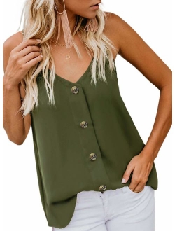 Shawhuwa Womens V Neck Button Down Strappy Flowy Tank Tops Summer Sleeveless Loose Casual Shirts Blouses