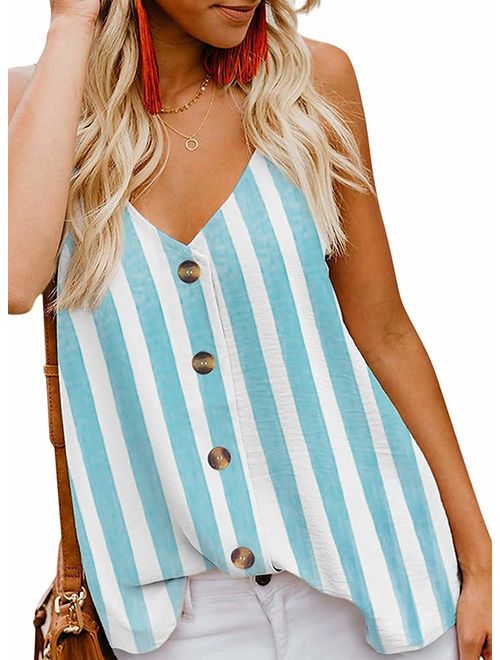 Shawhuwa Womens V Neck Button Down Strappy Flowy Tank Tops Summer Sleeveless Loose Casual Shirts Blouses