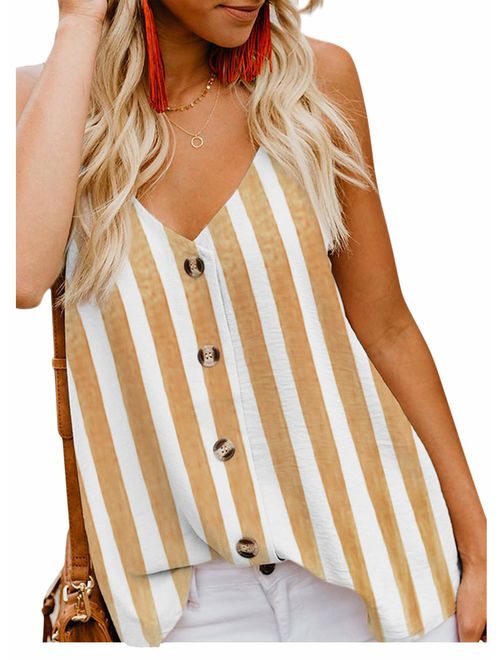 Shawhuwa Womens V Neck Button Down Strappy Flowy Tank Tops Summer Sleeveless Loose Casual Shirts Blouses