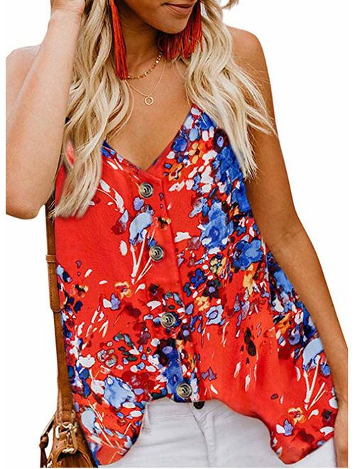 Shawhuwa Womens V Neck Button Down Strappy Flowy Tank Tops Summer Sleeveless Loose Casual Shirts Blouses