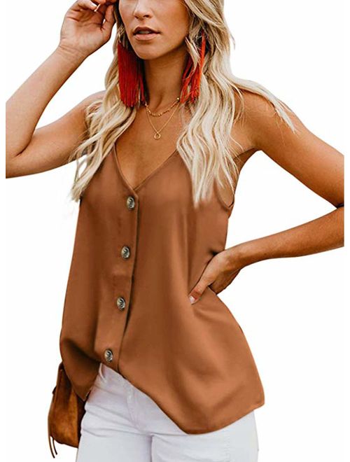 Shawhuwa Womens V Neck Button Down Strappy Flowy Tank Tops Summer Sleeveless Loose Casual Shirts Blouses