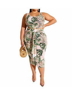 Womens Sexy Plus Size 2 Piece Midi Dress Outfits - Sleeveless Tie Dye Print Tank Crop Top Bodycon Skirts Set