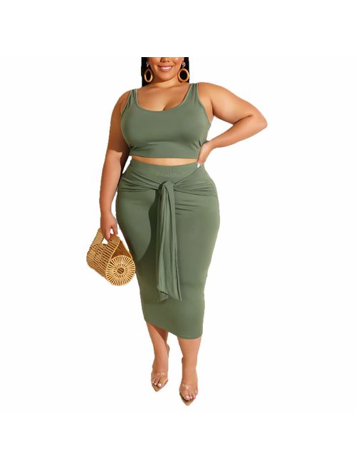 Womens Sexy Plus Size 2 Piece Midi Dress Outfits - Sleeveless Tie Dye Print Tank Crop Top Bodycon Skirts Set