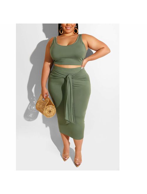 Womens Sexy Plus Size 2 Piece Midi Dress Outfits - Sleeveless Tie Dye Print Tank Crop Top Bodycon Skirts Set