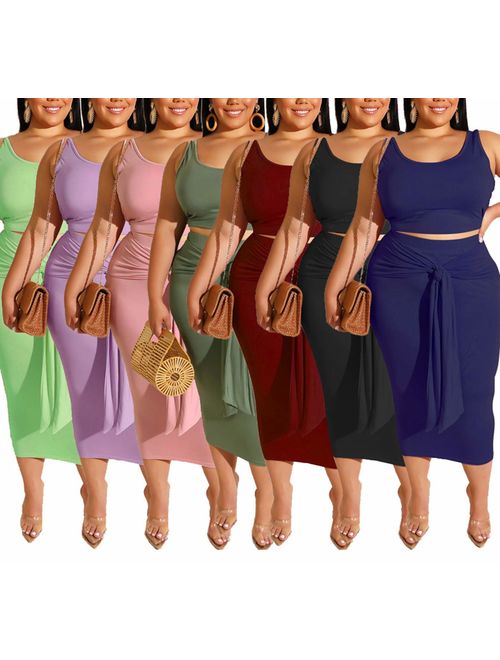 Womens Sexy Plus Size 2 Piece Midi Dress Outfits - Sleeveless Tie Dye Print Tank Crop Top Bodycon Skirts Set