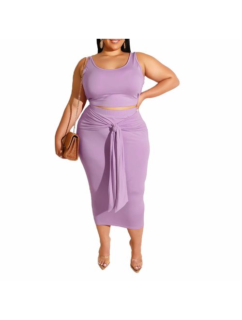 Womens Sexy Plus Size 2 Piece Midi Dress Outfits - Sleeveless Tie Dye Print Tank Crop Top Bodycon Skirts Set