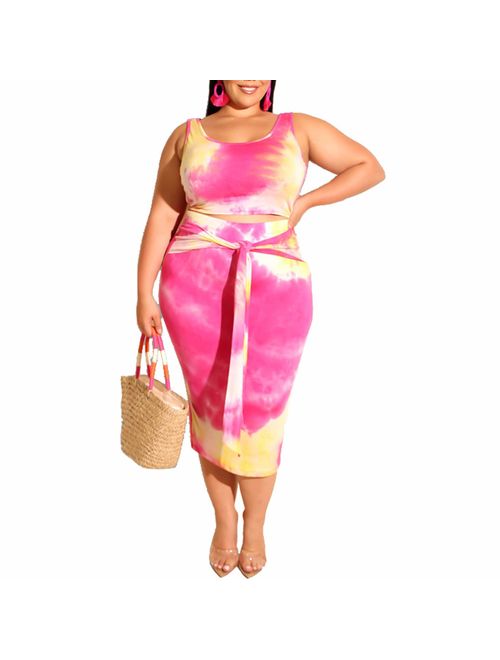 Womens Sexy Plus Size 2 Piece Midi Dress Outfits - Sleeveless Tie Dye Print Tank Crop Top Bodycon Skirts Set