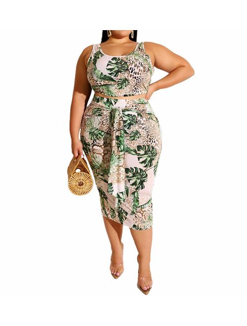 Womens Sexy Plus Size 2 Piece Midi Dress Outfits - Sleeveless Tie Dye Print Tank Crop Top Bodycon Skirts Set