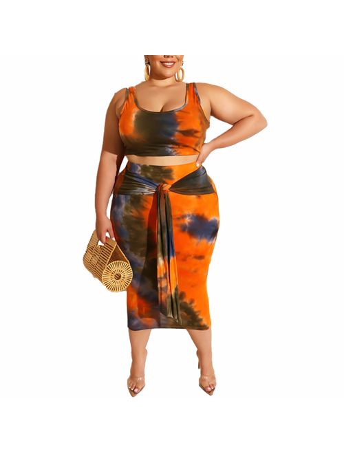 Womens Sexy Plus Size 2 Piece Midi Dress Outfits - Sleeveless Tie Dye Print Tank Crop Top Bodycon Skirts Set