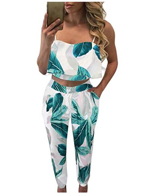 FANCYINN Women 2 Pieces Outfits Summer Jumpsuit Romper Spaghetti Strap Top and Long Pencil Pants Casual Style