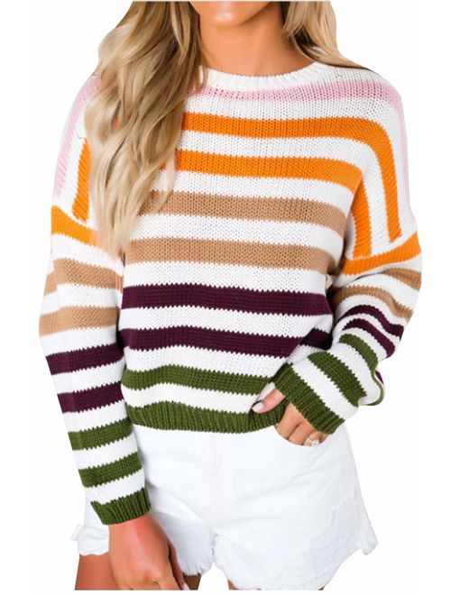 KIRUNDO Women's Strip Color Block Short Sweater Long Sleeves Stitching Color Round Neck Loose Pullovers Jumper Tops