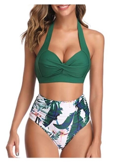 Women Vintage Swimsuit Two Piece Retro Halter Ruched High Waist Bikini