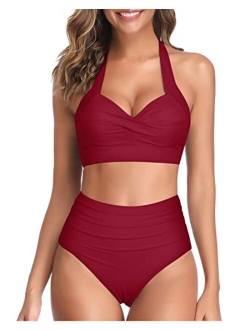 Women Vintage Swimsuit Two Piece Retro Halter Ruched High Waist Bikini