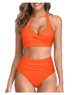 Women Vintage Swimsuit Two Piece Retro Halter Ruched High Waist Bikini