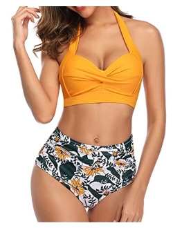 Women Vintage Swimsuit Two Piece Retro Halter Ruched High Waist Bikini