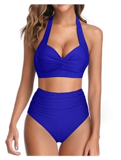 Women Vintage Swimsuit Two Piece Retro Halter Ruched High Waist Bikini