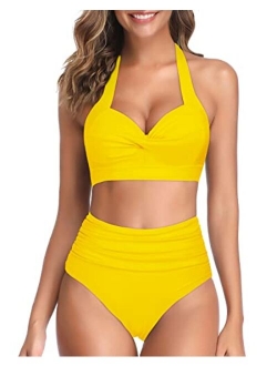 Women Vintage Swimsuit Two Piece Retro Halter Ruched High Waist Bikini