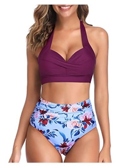 Women Vintage Swimsuit Two Piece Retro Halter Ruched High Waist Bikini