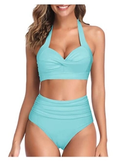 Women Vintage Swimsuit Two Piece Retro Halter Ruched High Waist Bikini