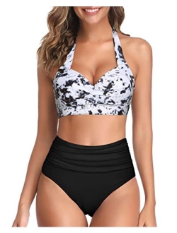 Women Vintage Swimsuit Two Piece Retro Halter Ruched High Waist Bikini