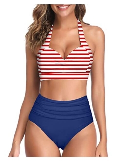 Women Vintage Swimsuit Two Piece Retro Halter Ruched High Waist Bikini