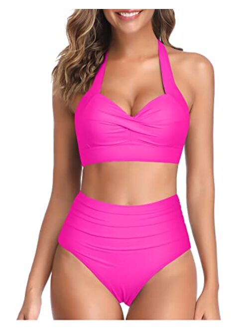 Tempt Me Women Vintage Swimsuit Two Piece Retro Halter Ruched High Waist Bikini