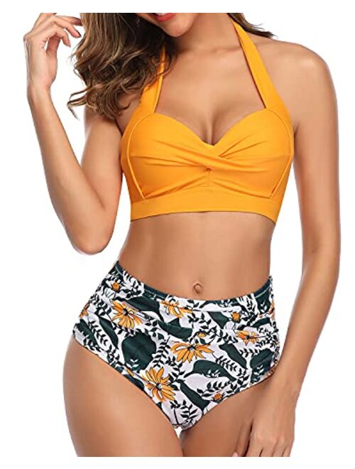 Tempt Me Women Vintage Swimsuit Two Piece Retro Halter Ruched High Waist Bikini