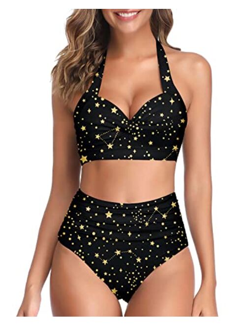 Tempt Me Women Vintage Swimsuit Two Piece Retro Halter Ruched High Waist Bikini