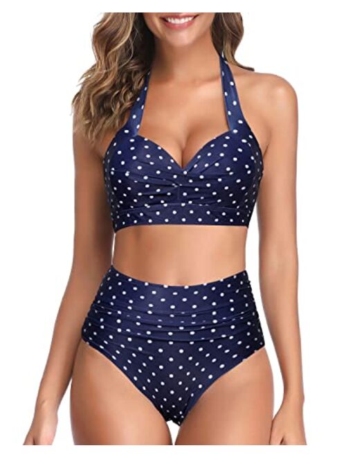 Tempt Me Women Vintage Swimsuit Two Piece Retro Halter Ruched High Waist Bikini