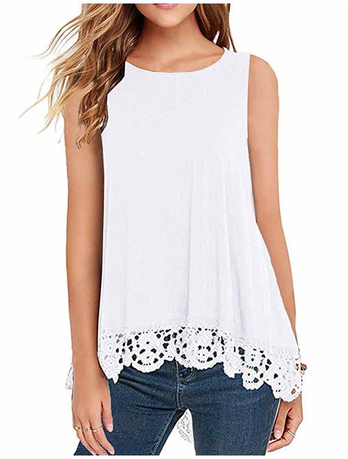 DOSWODE Womens Tops Short Sleeve Lace Trim O-Neck A-Line Tunic Blouse Shirts