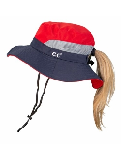 Funky Junque Ponytail Bucket Hat UPF 50+ Messy Bun Sun Hat Wide Brim Mesh Cap