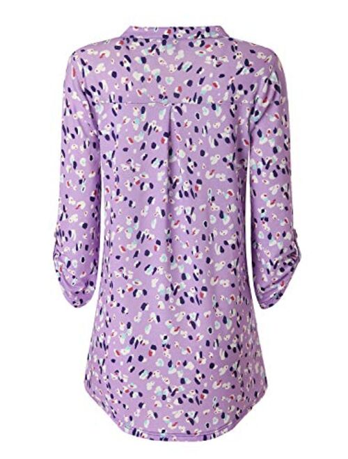 Zattcas Womens Floral Printed Tunic Shirts 3/4 Roll Sleeve Notch Neck Tunic Top