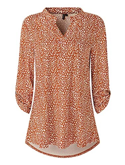 Zattcas Womens Floral Printed Tunic Shirts 3/4 Roll Sleeve Notch Neck Tunic Top