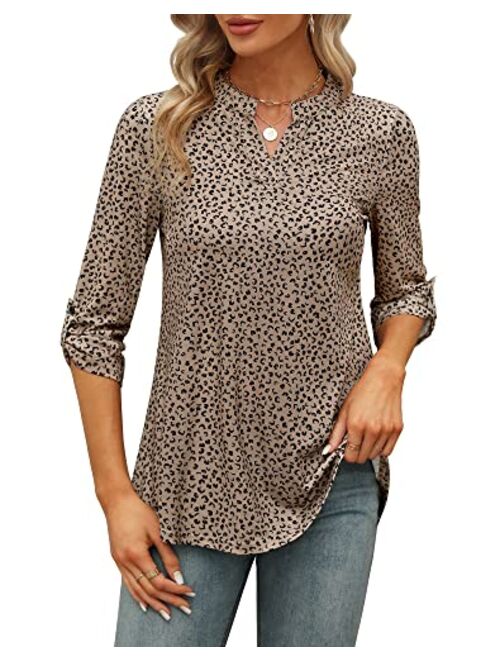 Zattcas Womens Floral Printed Tunic Shirts 3/4 Roll Sleeve Notch Neck Tunic Top