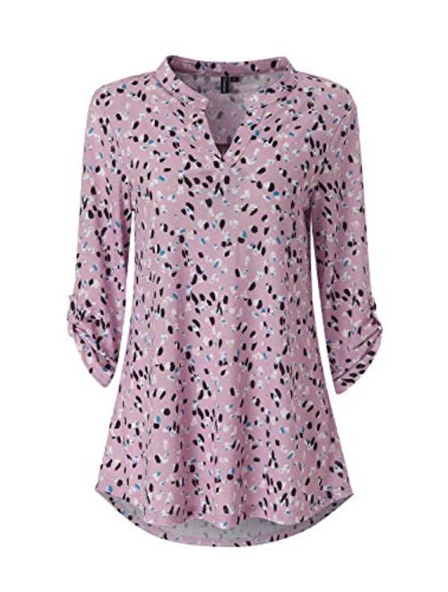 Zattcas Womens Floral Printed Tunic Shirts 3/4 Roll Sleeve Notch Neck Tunic Top