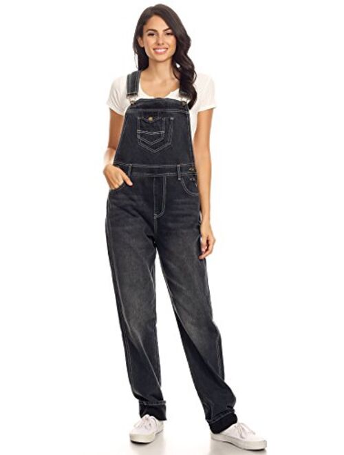 Anna Kaci ANNA-KACI Womens Vintage Wash Straight Leg Denim Overalls with Pocket Bib