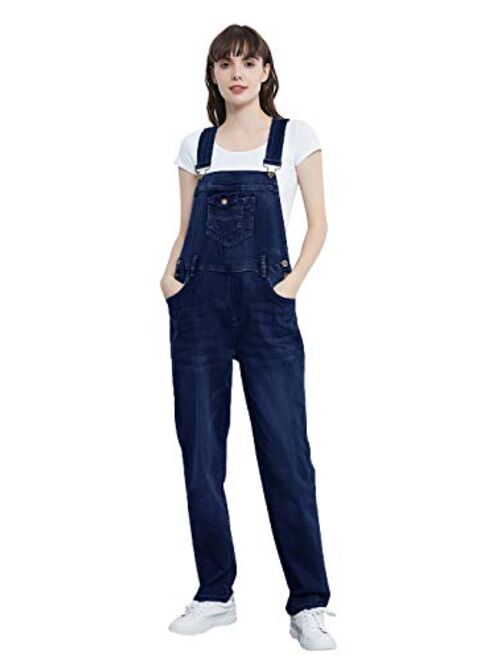 Anna Kaci ANNA-KACI Womens Vintage Wash Straight Leg Denim Overalls with Pocket Bib