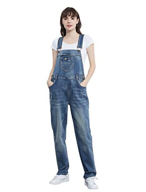 Anna Kaci ANNA-KACI Womens Vintage Wash Straight Leg Denim Overalls with Pocket Bib