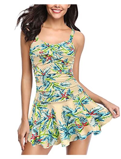 SHEKINI Women's Crossover Ruched Skirt One Piece Swimdress Swimsuit Bathing Suit