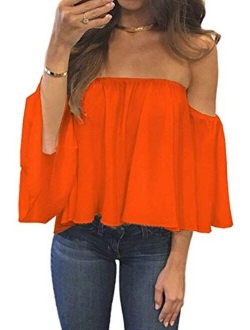 Bluetime Women Summer Off Shoulder Chiffon Blouses Ruffles Short Sleeves Sexy Tops Casual T Shirts