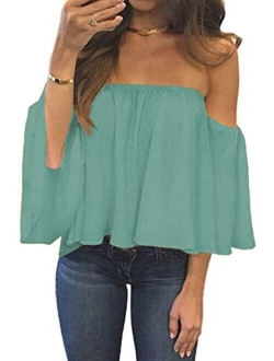 Bluetime Women Summer Off Shoulder Chiffon Blouses Ruffles Short Sleeves Sexy Tops Casual T Shirts