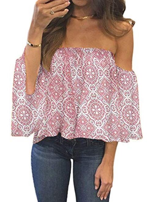 Bluetime Women Summer Off Shoulder Chiffon Blouses Ruffles Short Sleeves Sexy Tops Casual T Shirts