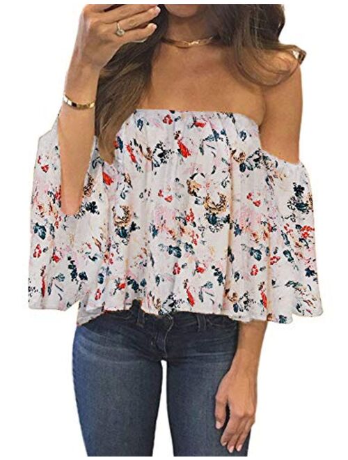 Bluetime Women Summer Off Shoulder Chiffon Blouses Ruffles Short Sleeves Sexy Tops Casual T Shirts