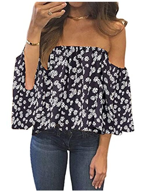 Bluetime Women Summer Off Shoulder Chiffon Blouses Ruffles Short Sleeves Sexy Tops Casual T Shirts