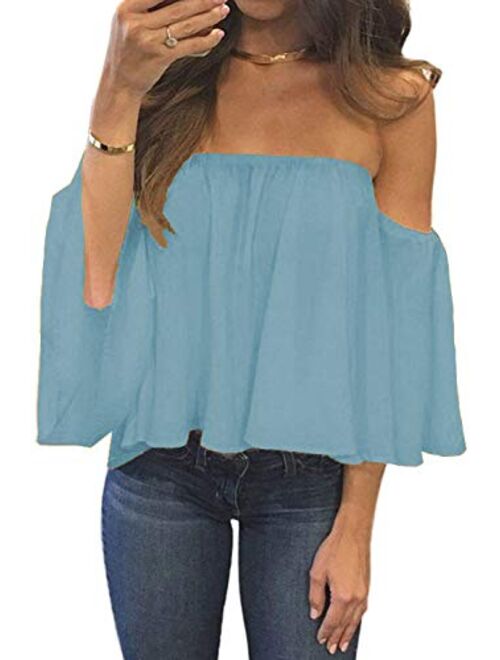 Bluetime Women Summer Off Shoulder Chiffon Blouses Ruffles Short Sleeves Sexy Tops Casual T Shirts