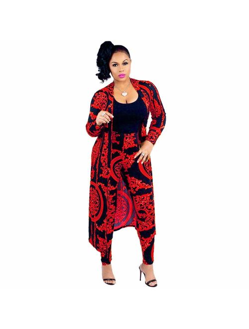 Women 2 Piece Club Outfits Long Sleeve Floral Open Front Cardigan and Pants Set