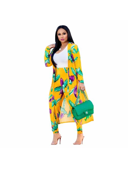 Women 2 Piece Club Outfits Long Sleeve Floral Open Front Cardigan and Pants Set