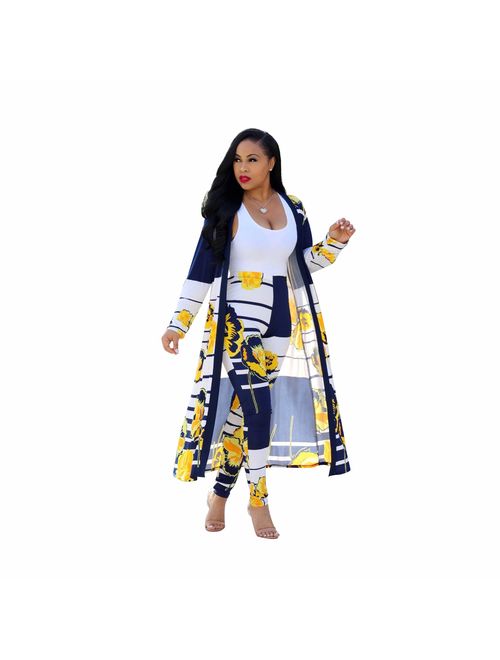 Women 2 Piece Club Outfits Long Sleeve Floral Open Front Cardigan and Pants Set